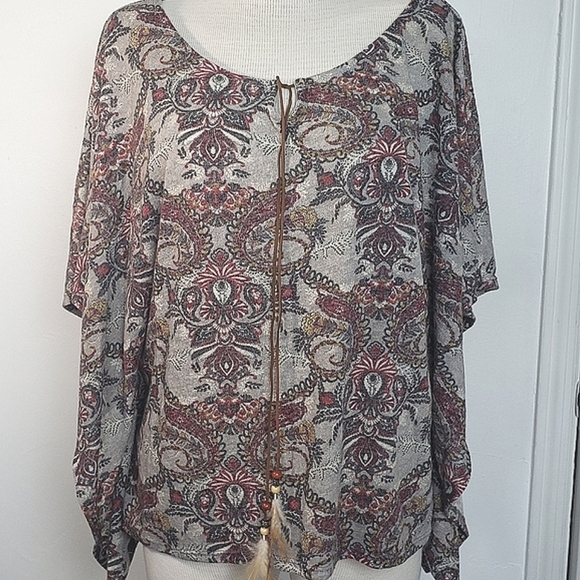 Kori Tops - Kori America Over Size Dolman Leather Tie Paisley Feather Women's Top Size S NWT